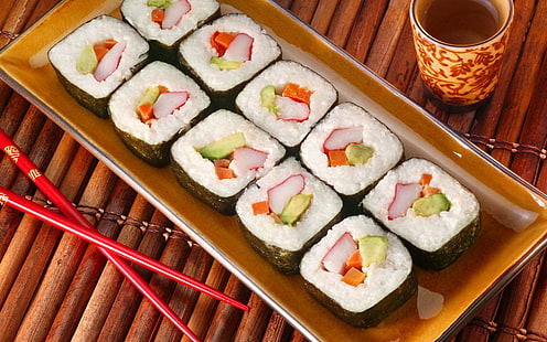 prato de rolos de maki, comida, sushi, HD papel de parede HD wallpaper