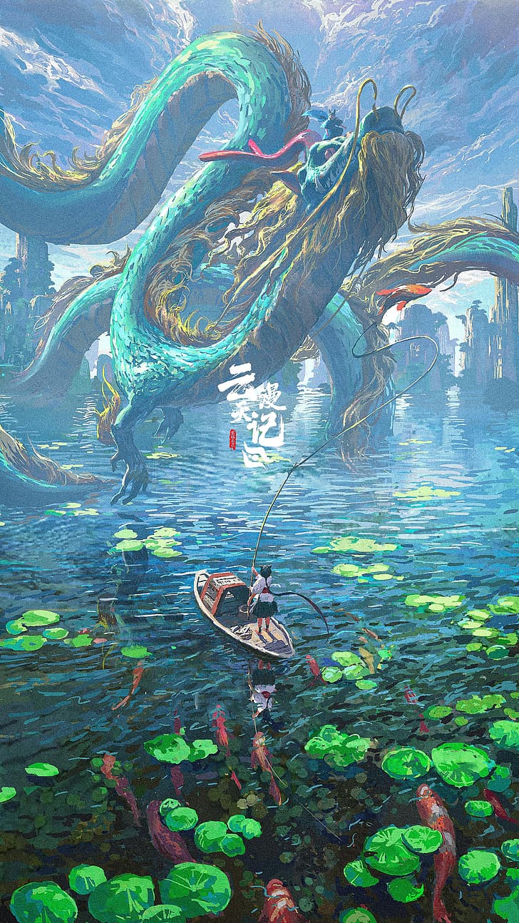artwork, water, dragon, boat, carp, mountains, HD wallpaper