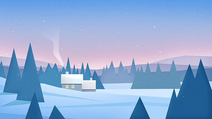 artwork, house, nature, winter, snow, Flatdesign, HD wallpaper