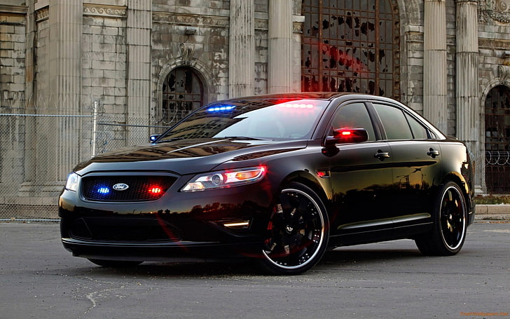 черный форд седан, суперкар, полиция, полицейские машины, форд таурус, форд полицейский перехватчик седан, автомобиль, HD обои