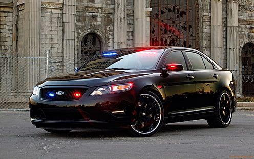 czarny Ford sedan, samochód, policja, samochody policyjne, Ford Taurus, Ford Police Interceptor Sedan, pojazd, Tapety HD HD wallpaper