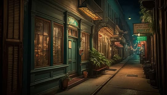KI-Kunst, Stadt, Gasse, New Orleans, Nacht, HD-Hintergrundbild HD wallpaper