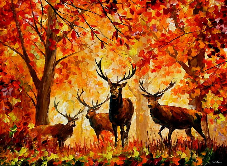 cztery dolary w otoczeniu drzew malowanie, cztery brązowe jelenie w pobliżu drzew malowanie, malarstwo, Leonid Afremov, jesień, jeleń, zwierzęta, dzieło sztuki, drzewa, Tapety HD