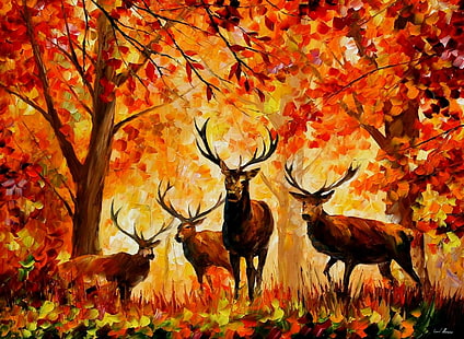 four buck surrounded trees painting, four brown deer near trees painting, painting, Leonid Afremov, fall, deer, animals, artwork, trees, HD wallpaper HD wallpaper