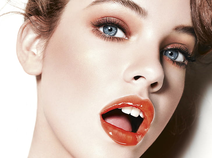 Barbara Palvin, women, model, red lipstick, face, airbrushed, open mouth, HD wallpaper