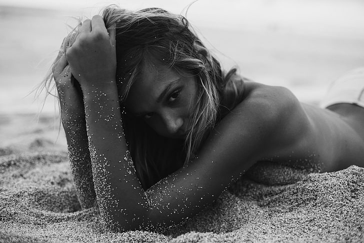 песок, пляж, взгляд, девушка, Алексис Рен, HD обои
