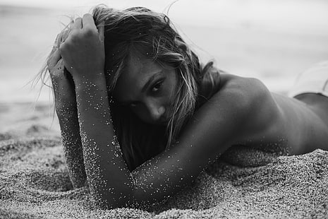 areia, praia, olhar, garota, Alexis Ren, HD papel de parede HD wallpaper