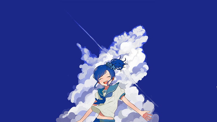 anime, manga, chicas anime, fondo simple, azul, fondo azul, nubes, cabello azul, uniforme de marinero, cielo, Fondo de pantalla HD