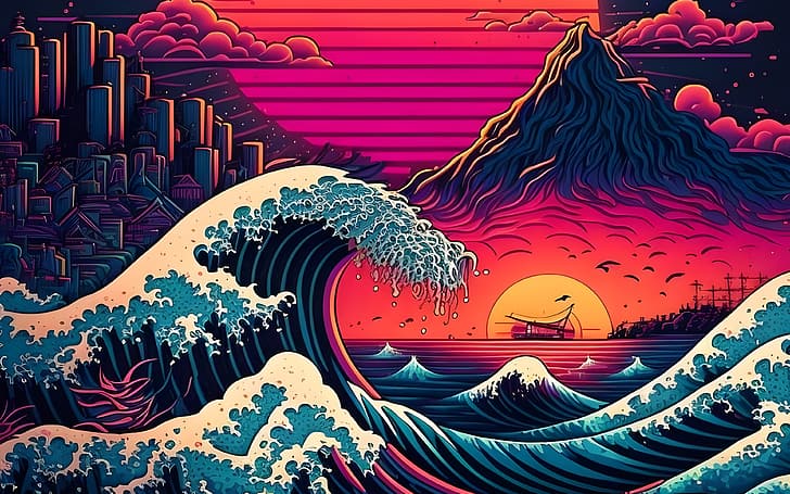 Die große Welle vor Kanagawa, künstliche Intelligenz, 4K, Wellen, Sonnenuntergang, HD-Hintergrundbild