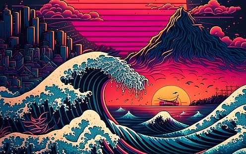 The Great Wave off Kanagawa, artificial intelligence, 4K, waves, sunset, HD wallpaper HD wallpaper