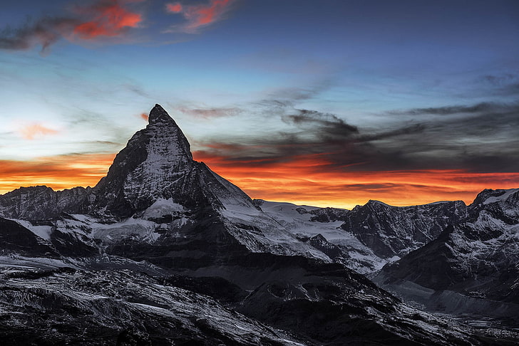 Matterhorn, doğa, gün batımı, İsviçre, dağlar, gökyüzü, karanlık, HD masaüstü duvar kağıdı