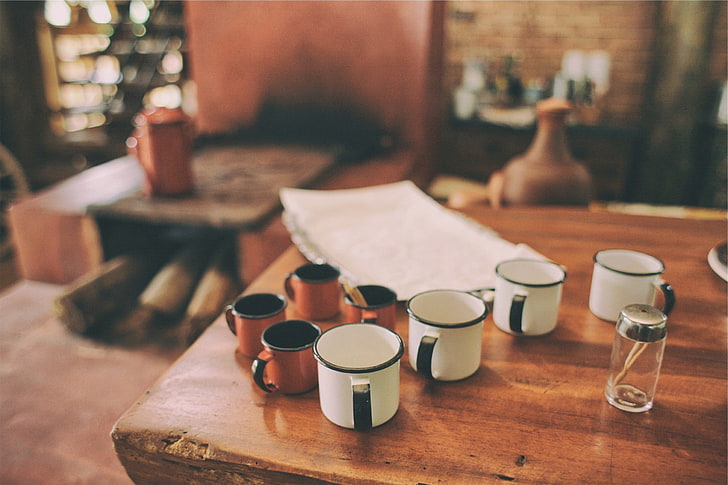canecas de cerâmica branca e marrom, café, xícara, HD papel de parede