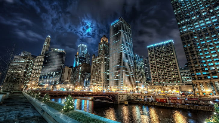 เมือง, ทิวทัศน์, อาคาร, ตึกระฟ้า, ชิคาโก, กลางคืน, HDR, วอลล์เปเปอร์ HD