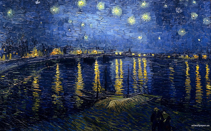 corpo de água e estrelas pintando, Vincent van Gogh, arte clássica, pintura, HD papel de parede