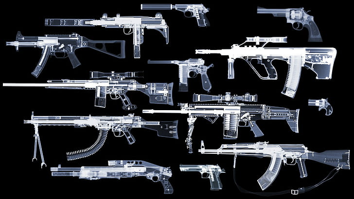 Walther PPK, AKM, Remington, HK UMP, G3A3, Smith and Wesson, gun, spas-12, FN SCAR-H, Steyr AUG, x-rays, pistol, Deringer, franchi, Desert Eagle, Mauser C96, rifles, uzi, Heckler and Koch, HD wallpaper