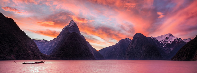 Sunset In Milford Sound, ocean near mountain, Oceania, New Zealand, Sunset, Pink, Mountains, Clouds, Peaks, Evening, panorama, Milford Sound, HD wallpaper HD wallpaper