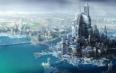 Sci Fi、都市、ブルー、建物、都市の景観、ドック、ファンタジー、未来の、未来都市、大都市、オーシャン、超高層ビル、スターウォーズ、水、 HDデスクトップの壁紙 HD wallpaper