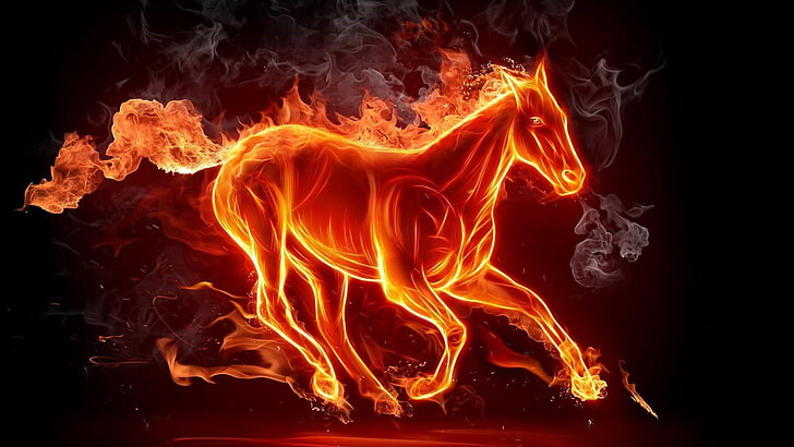 horse, fire, flame, digital art, smoke, artwork, HD wallpaper