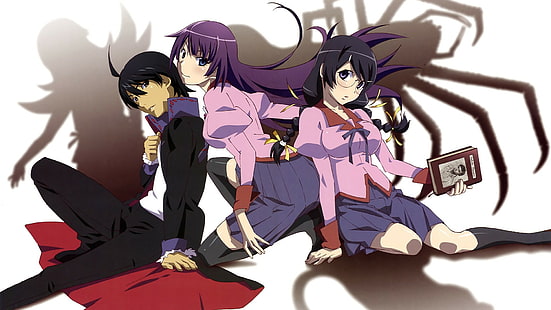 Monogatari Series, Senjougahara Hitagi, Hanekawa Tsubasa, Araragi Koyomi, anime girls, HD wallpaper HD wallpaper