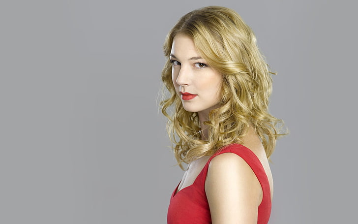 women's red sleeveless top, Emily Vancamp, blonde, red, dress, actress, celebrity, simple background, HD wallpaper