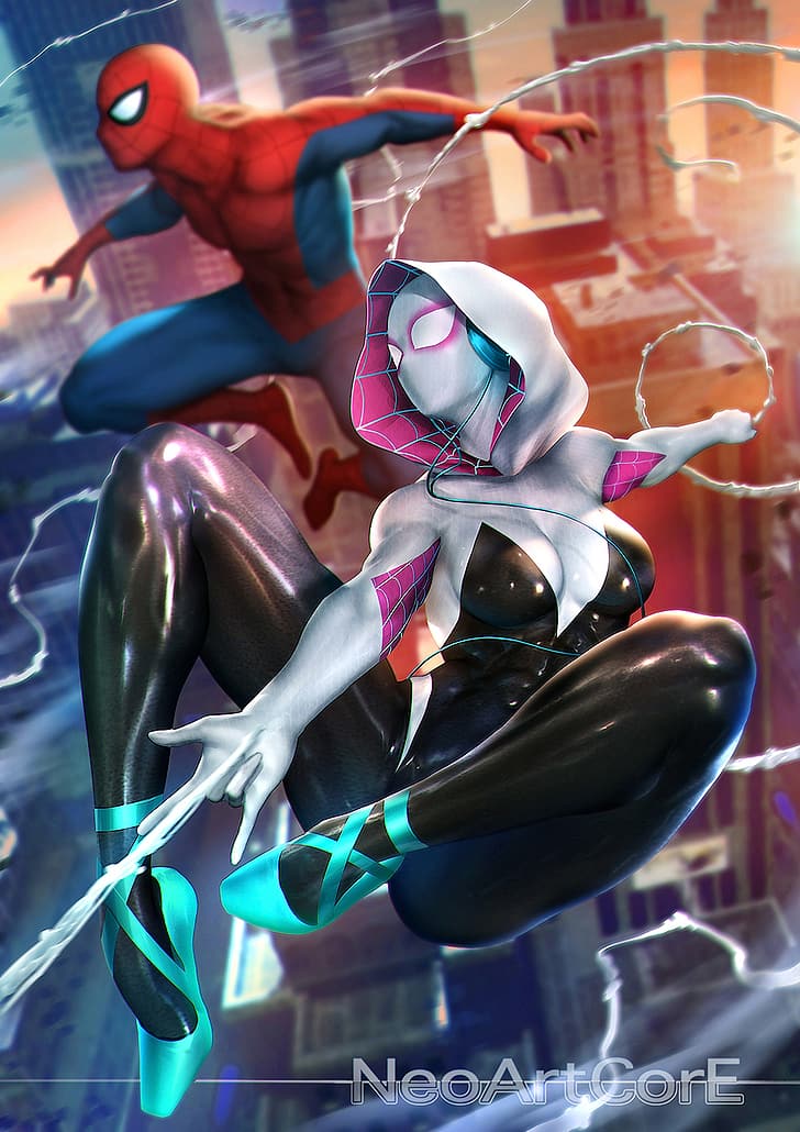 NeoArtCorE (artist), drawing, Spider-Man, Spider Gwen, Marvel Comics, spiderwebs, city, hoods, HD wallpaper