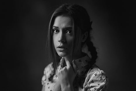 kvinnor, ansikte, porträtt, enkel bakgrund, svartvitt, Ksenia Kokoreva, HD tapet HD wallpaper