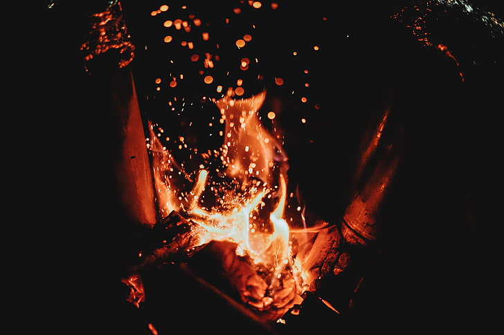 wood flame wallpaper, bonfire, flame, fire, sparks, HD wallpaper
