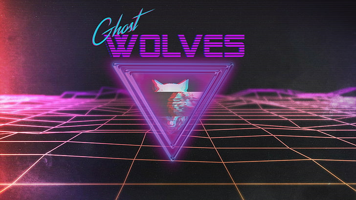 Ghost Wolvesのロゴ、1980年代、シンセウェーブ、オオカミ、トライアングル、グリッド、レトロスタイル、ネオン、ホットラインマイアミ、ホットラインマイアミ2：間違った番号、ホットラインマイアミ2、ビデオゲーム、VHS、新しいレトロウェーブ、 HDデスクトップの壁紙