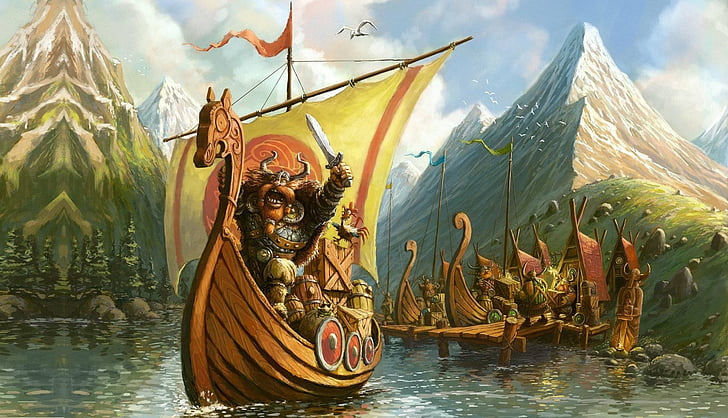 Fantasy, Viking, Drakkar, Mountain, Ship, Warrior, HD wallpaper