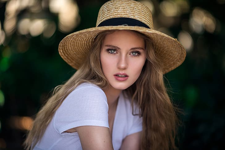 girl, green eyes, long hair, hat, photo, photographer, model, bokeh, lips, face, blonde, t-shirt, portrait, mouth, open mouth, looking at camera, depth of field, looking at viewer, white t-shirt, Zubair Aslam, HD wallpaper