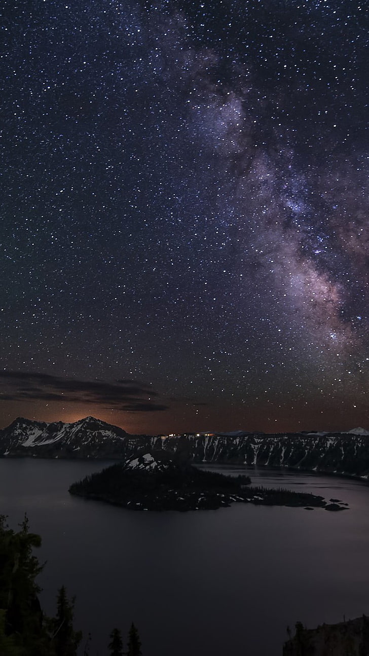 cuerpo de agua, cielo, estrellas, montañas, lago, pivote, Crater Lake (Oregon), Fondo de pantalla HD, fondo de pantalla de teléfono