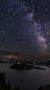 جسم مائي ، سماء ، نجوم ، جبال ، بحيرة ، محور ، بحيرة كريتر (أوريغون)، خلفية HD HD wallpaper