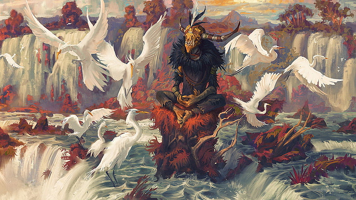 человек, сидящий на красной скале иллюстрации, журавли (птица), водопад, красочные, птицы, облака, вода, мирный, HD обои