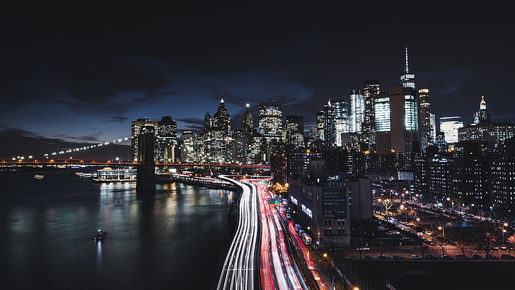 grattacielo, orizzonte, strada, crepuscolo, luci, oscurità, lunga esposizione, fotografia a lunga esposizione, centro, ponte, acqua, sentieri di luce, stati uniti, new york, new york city, 8k uhd, luci della città, paesaggio urbano, notte, 8k,Manhattan, Sfondo HD
