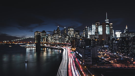 超高層ビル、スカイライン、道路、夕暮れ、ライト、暗闇、長時間露光、長時間露光写真、ダウンタウン、橋、水、光の道、アメリカ合衆国、ニューヨーク、ニューヨーク市、8k uhd、街の明かり、都市景観、夜、8k、マンハッタン、 HDデスクトップの壁紙 HD wallpaper