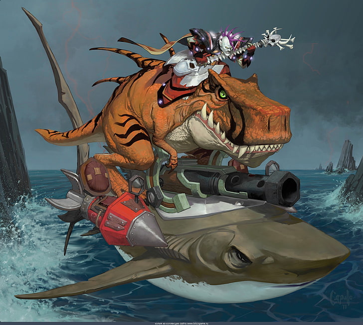 Mann reitet auf Dinosaurier Wallpaper, World of Warcraft, Fankunst, Hai, Dinosaurier, HD-Hintergrundbild