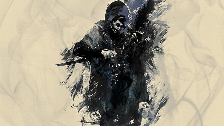 Grim Reaper holding dagger digital wallpaper, skeleton wearing coat holding knife illustration, skull, Dishonored, artwork, black, beige, simple background, knife, HD wallpaper