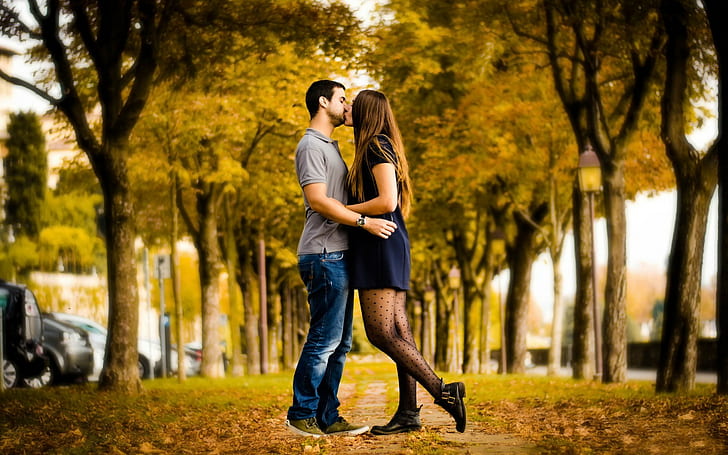 Целувка, любов, есен, алея, двойка, момиче, момче, дърво, целувка, любов, есен, алея, двойка, момиче, момче, дърво, HD тапет