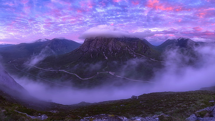 montagne, nuvole, picco, Scozia, rosa, viola, cielo, Sfondo HD