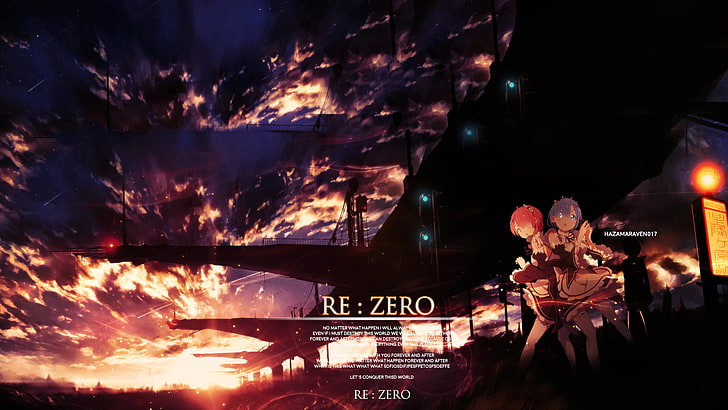 رد: Zero Kara Hajimeru Isekai Seikatsu، Rem (Re: Zero)، Ram (Re: Zero)، فتيات أنيمي، أحمر الشعر، شعر أزرق، شعر قصير، غروب الشمس، منظر طبيعي، زي خادمة، غيوم، خلفية HD