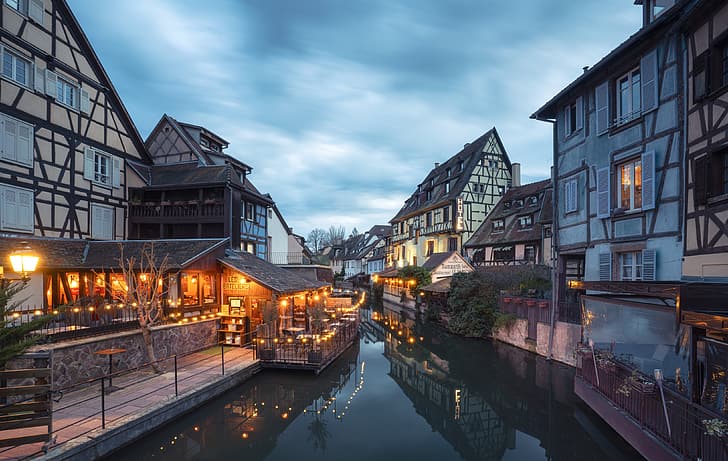 the city, France, home, lighting, channel, twilight, Colmar, HD wallpaper
