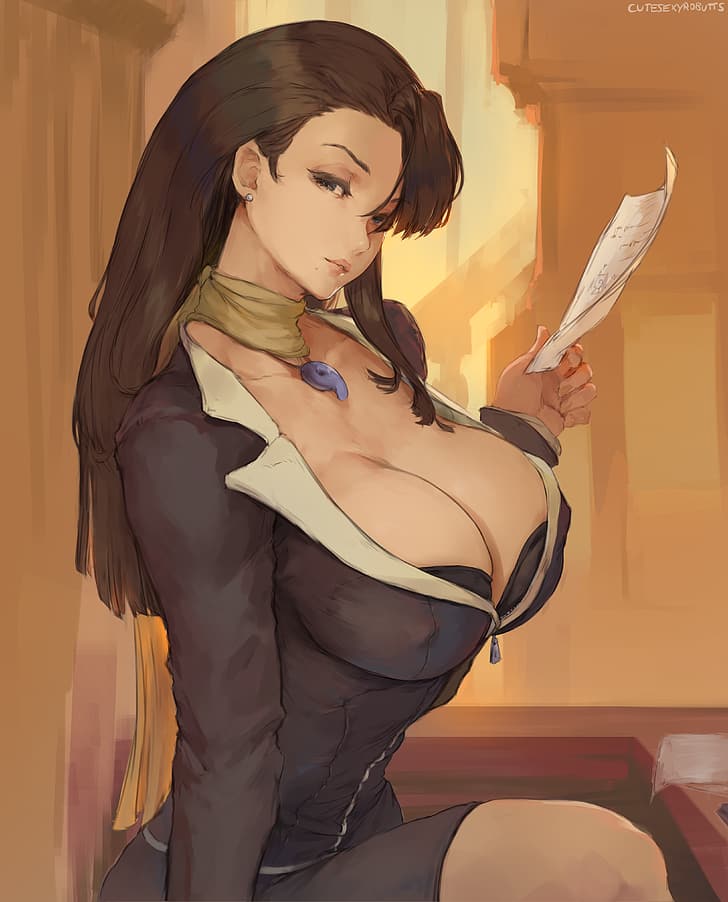Mia Fey, ace attorney, anime, anime girls, looking at viewer, portrait display, vertical, brunette, bangs, long hair, suits, cleavage, 2D, artwork, drawing, digital art, illustration, fan art, cutesexyrobutts, HD wallpaper