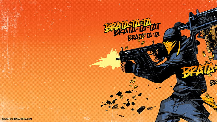 Gangster Machine Gun Orange HD, мъж в яке с качулка, стрелящо с пистолет, карикатура / комикс, оранжево, машина, пистолет, гангстер, HD тапет