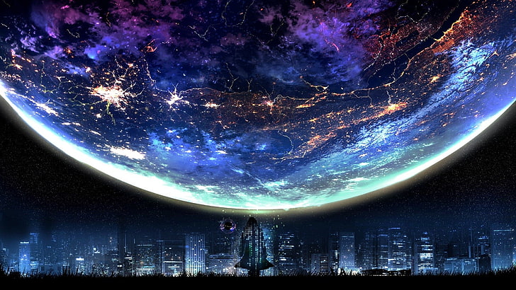 Fondo de pantalla de Evangelion, Luna, cielo, estrellas, noche, paisaje urbano, Fondo de pantalla HD