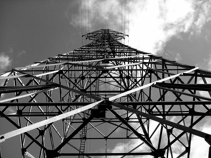 low angle photography of grey metal frames under cloudy sky, Pylon, low angle, photography, grey, metal, frames, cloudy, Sky, Black and White, BandW, Blackandwhite, Abstract, Photos, steel, tower, industry, technology, electricity, built Structure, HD wallpaper