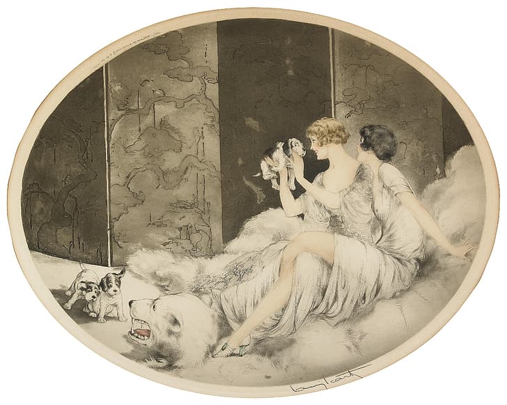Puppies, 1925, Louis Icart, art Deco, etching and aquatint, the polar bear's head, HD wallpaper