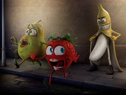 yellow banana, strawberry graphic, fear, strawberry, pear, fruit, pervert, panic, Banana, HD wallpaper HD wallpaper