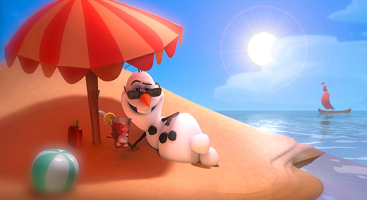 Disney DOlaf, le ciel, le soleil, bateau, île, parapluie, lunettes, cocktail, voile, bonhomme de neige, coeur froid, Olaf sur la plage, Fond d'écran HD