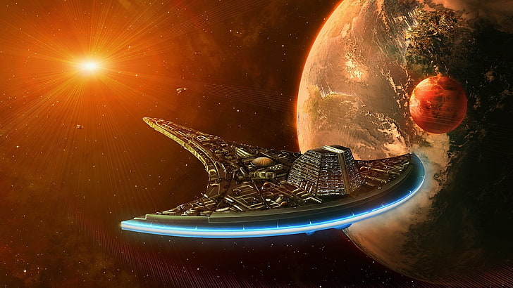 космически кораб игра тапет, цифрово изкуство, космос, вселена, планета, звезди, Земя, космически кораб, Слънце, фентъзи изкуство, Stargate Universe, съдба, HD тапет