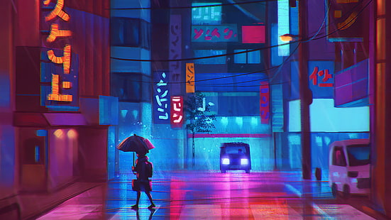 anime, krajobraz, neon, kolorowe, Tapety HD HD wallpaper